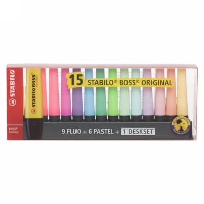 Set 15 Destacadores Stabilo Boss Neon - Pastel + deskset