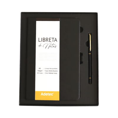 Caja Regalo Libreta Cocida A5 Negra con Lápiz Adetec