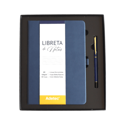 Caja Regalo Libreta Cocida A5 Azul Oscuro con Lápiz Adetec