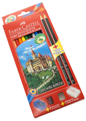Lapices de colores largos + goma + sacapunta y dos grafitos FABER CASTELL