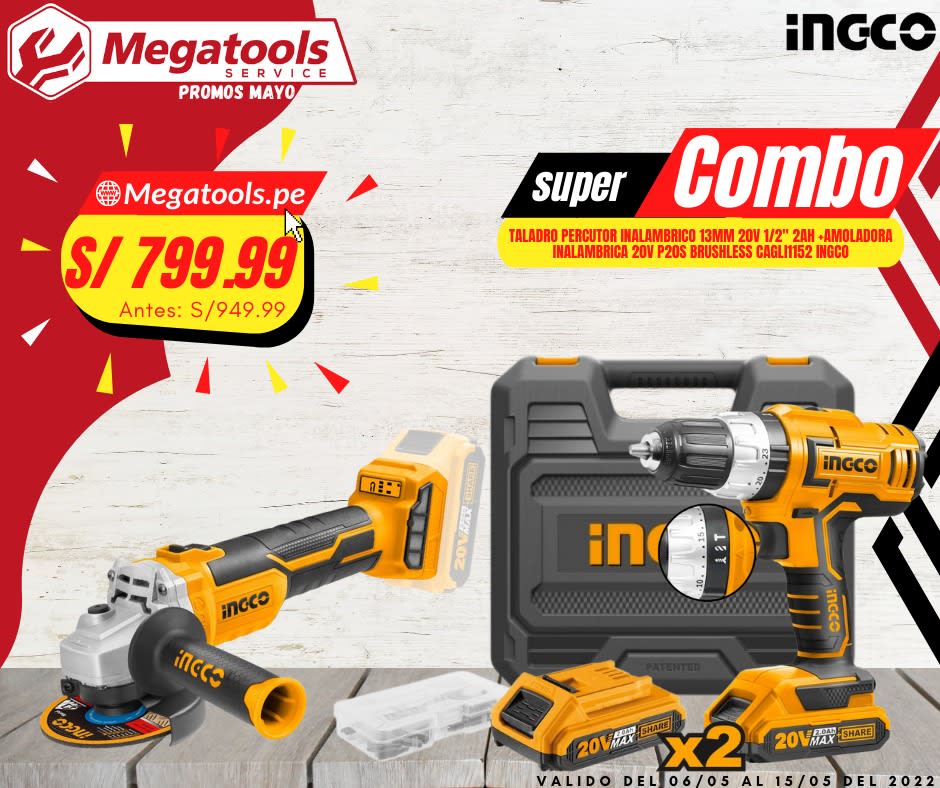 TALADRO ATORNILLADOR PERCUTOR 20V 2AH INGCO + AMOLADORA INALAMBRICA 20V  BRUSHLESS | Megatools - Tienda de Herramientas y Accesorios