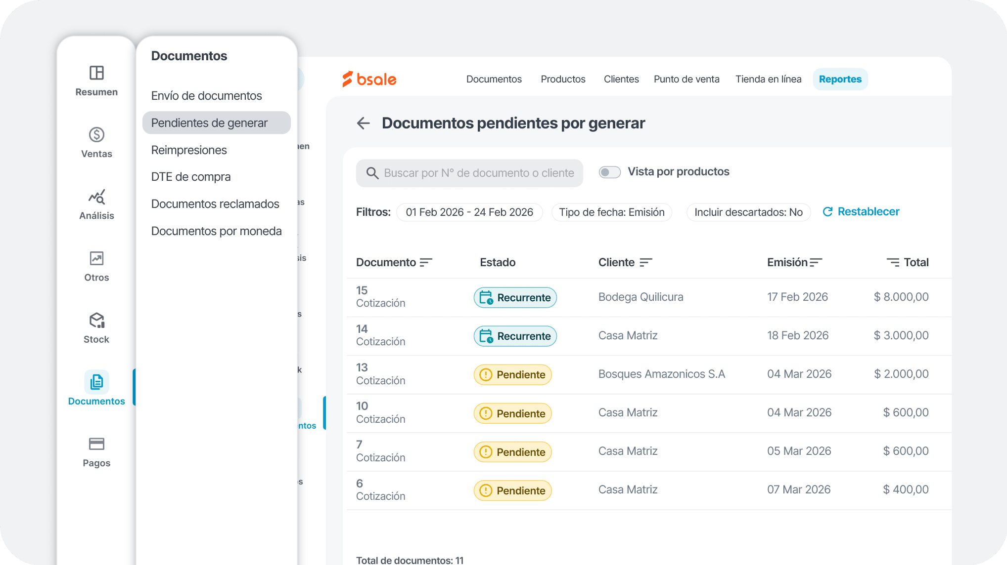 Documentos pendientes por Generar