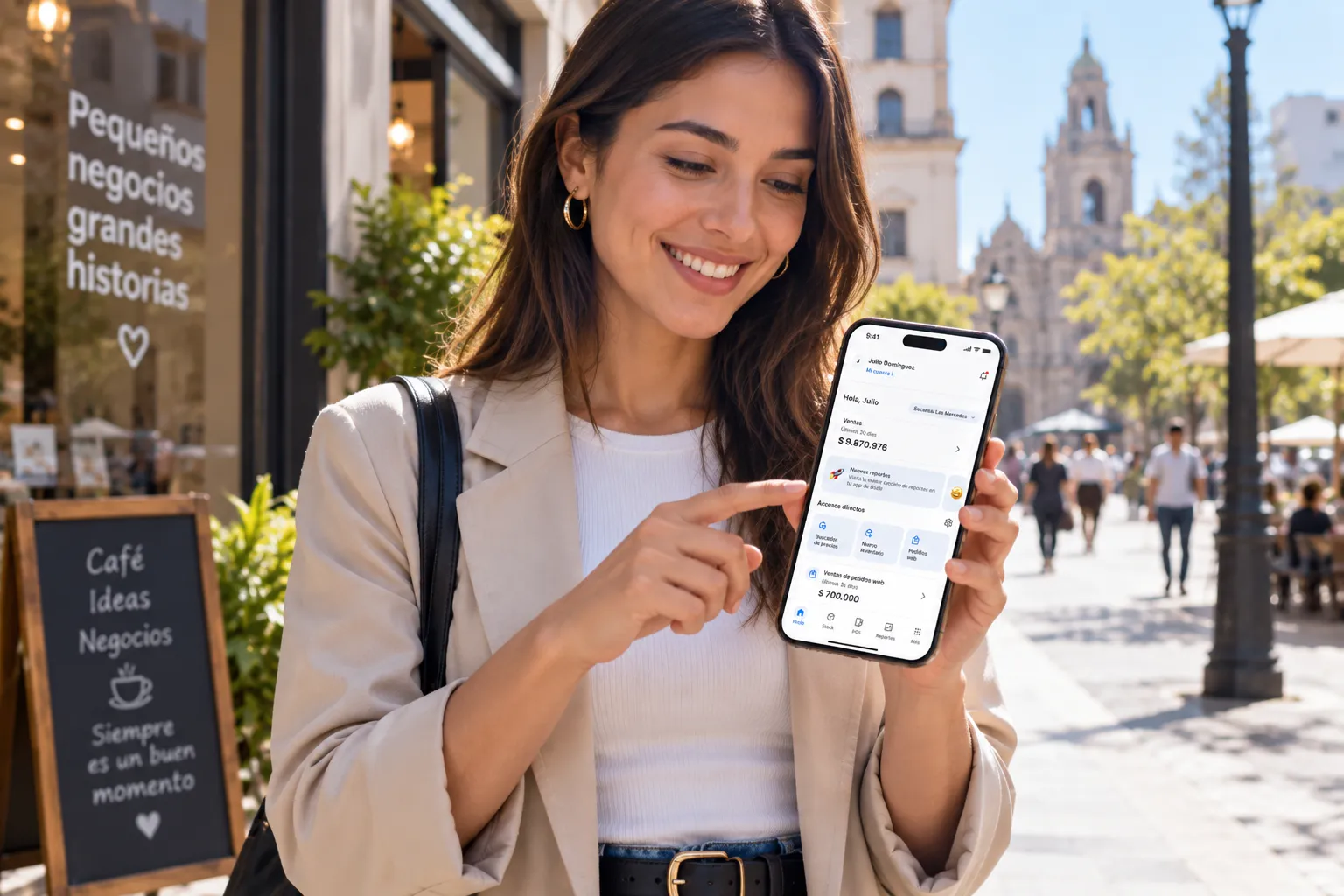 Dueña de negocio revisando ventas y stock a distancia desde su celular