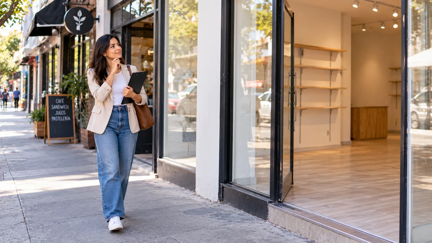 Emprendedora visitando un local comercial antes de arrendar
