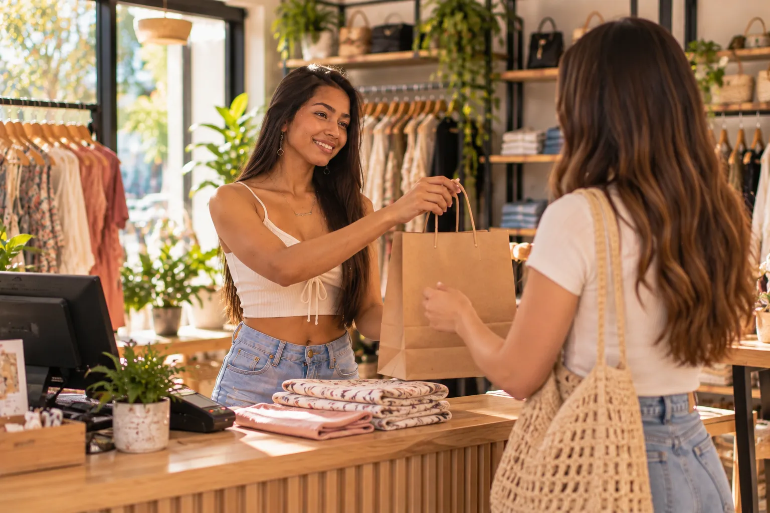 Emprendedora atendiendo a una clienta en su tienda de ropa