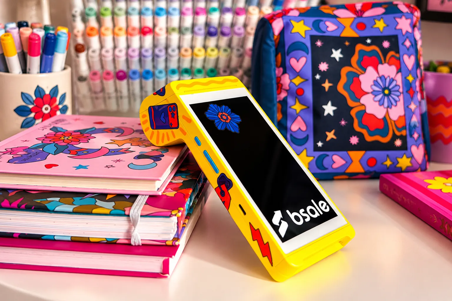 Máquina Point Smart 2 de Mercado Pago personalizada con ilustraciones de Tere Gott para la campaña con Bsale