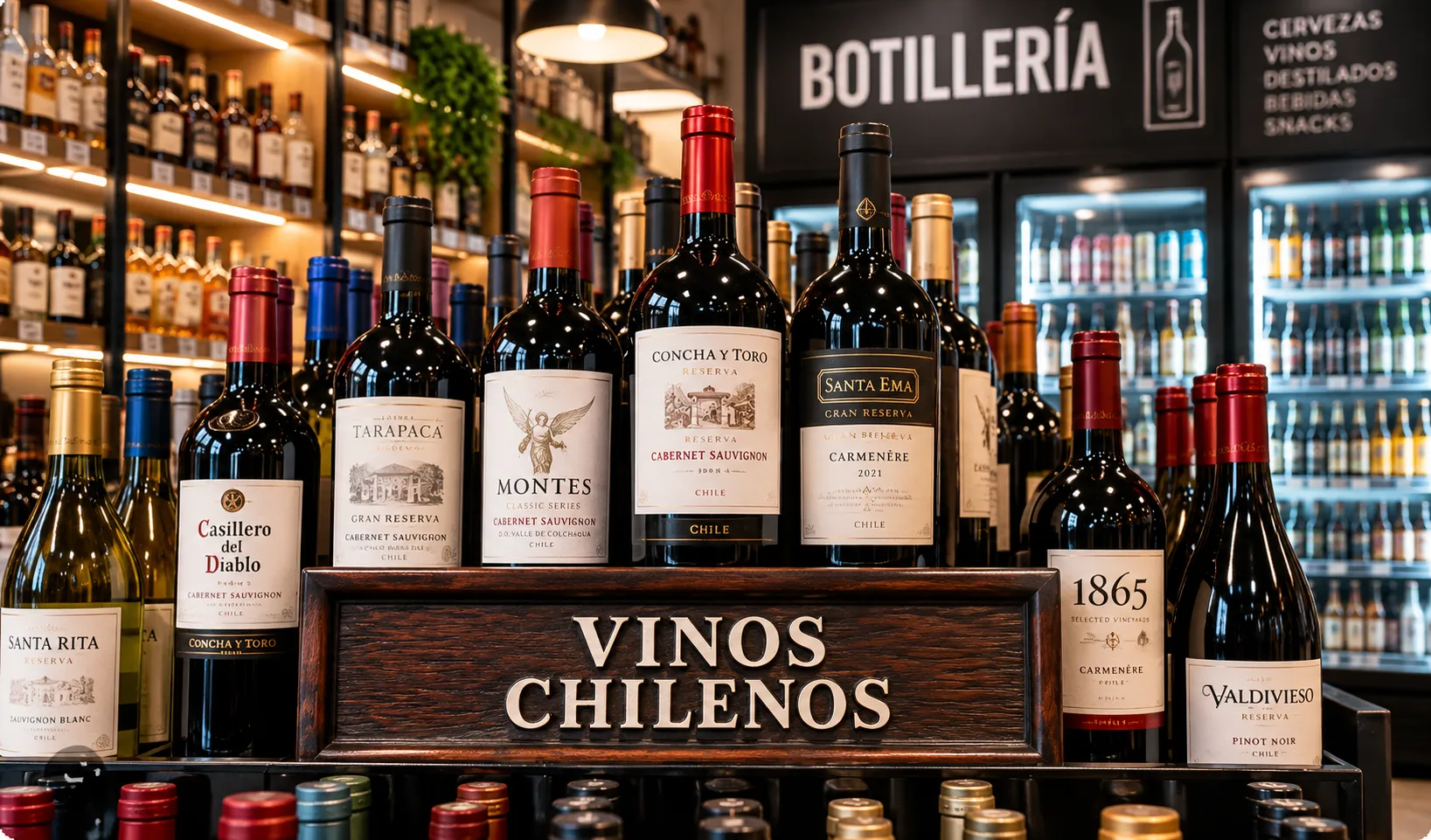 Exhibición de vinos chilenos en una botillería