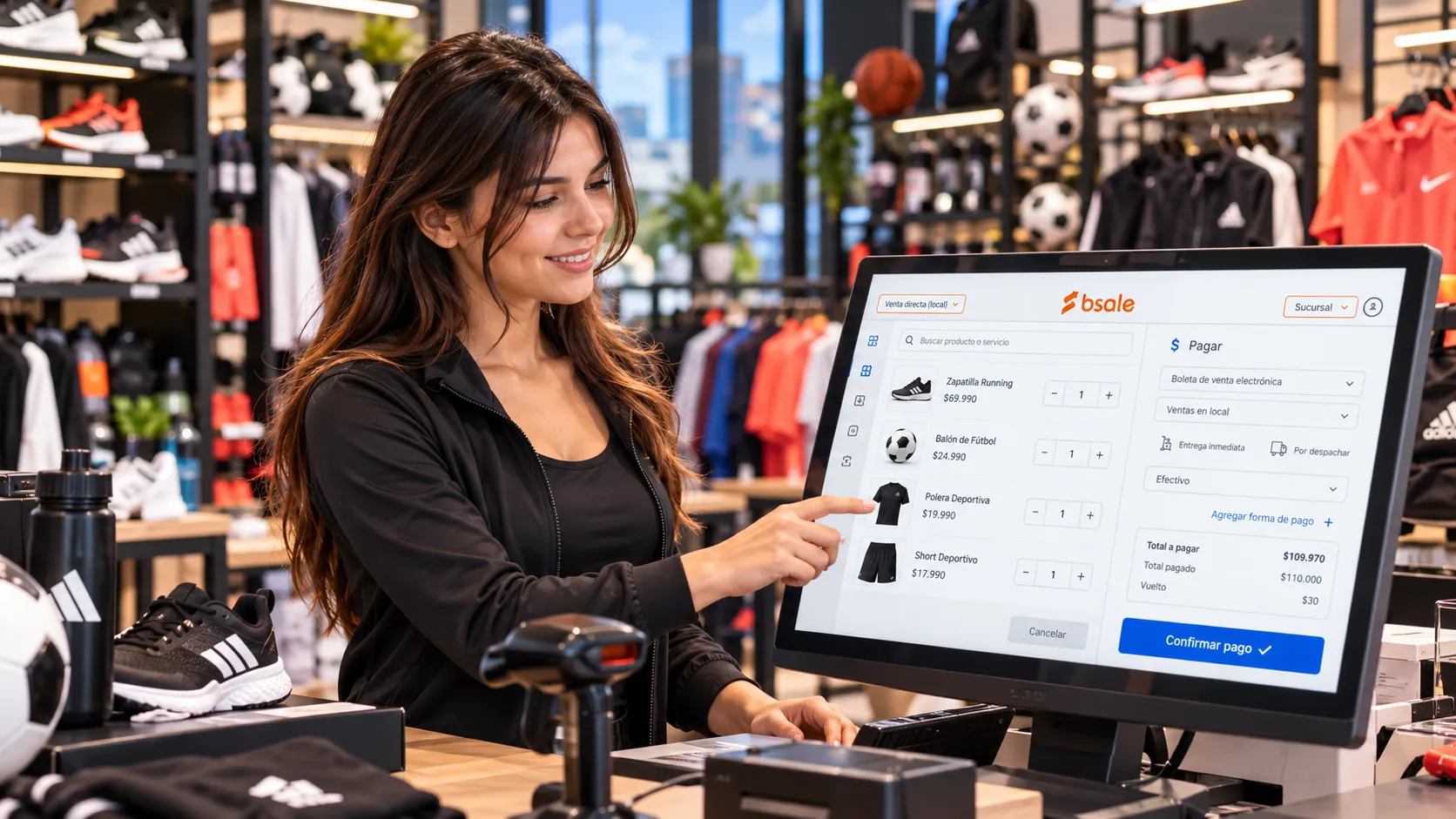 Emprendedora utilizando Bsale para registrar ventas de zapatillas, ropa y accesorios deportivos