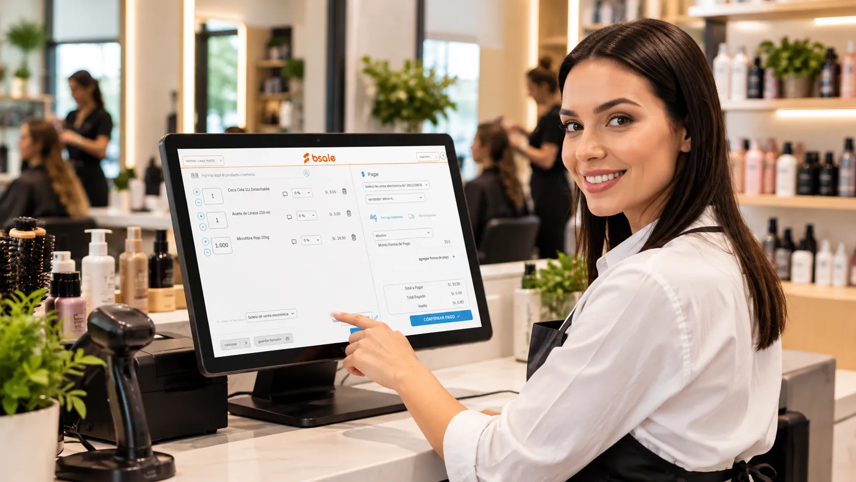Dueña de una peluquería utilizando el software Bsale para registrar ventas de servicios y productos capilares