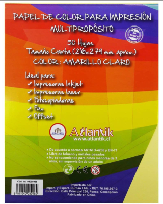 ATLANTIK PAPEL DE COLOR PARA IMPRESION 50 HOJAS AMARILLO