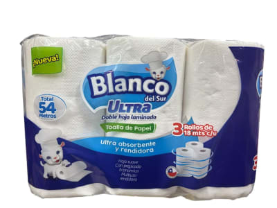 BLANCO TOALLA DE PAPEL 18 MTS DOBLE HOJA 3 ROLLOS