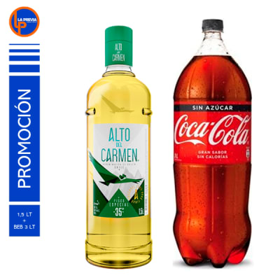 Pisco Alto del Carmen 35° de 1.5 Litros + Coca Cola Zero 3.0 lt