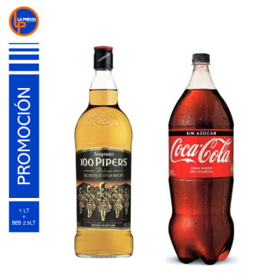 Whisky 100 Pipers de Litro + Coca Cola Zero 3 litros1