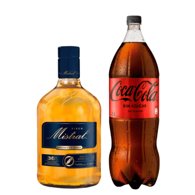 Pisco Mistral 35° de Litro + Coca Cola Zero 2.0 lt1