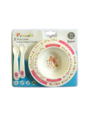 Set de platos con cubiertos rosado1