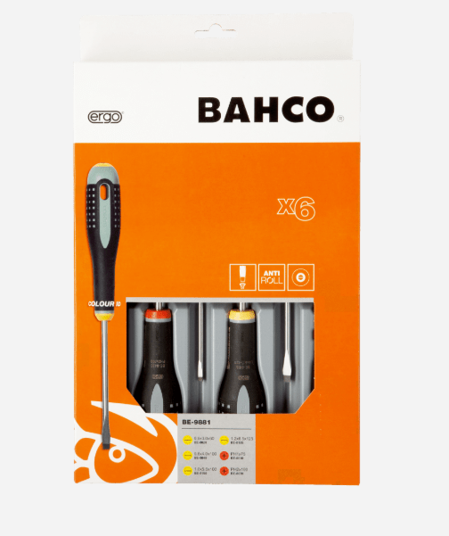 JUEGO DESTORNILLADOR DE PUNTA PLANA/PHILLIPS CON MANGO DE GOMA 6 PIEZAS MARCA BAHCO1