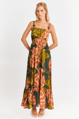 VESTIDO CINTURA ELASTICADA FLORES NARANJAS