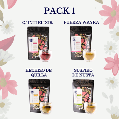 Pack mix Nro.1 por 4 de 50gr (Q'inti Elixir, Fuerza Wayra, Hechizo de Quilla y Suspiro de Ñusta)