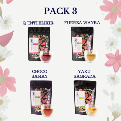 Pack mix Nro.3 por 4 de 50gr (Q'inti Elixir, Fuerza Wayra, Choco Samay y Yaku Sagrada)