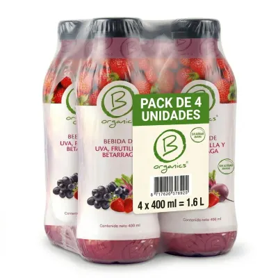 4-Pack Be Organics Bebida Uva, Frutilla y Betarraga 4 UN X 400 Ml