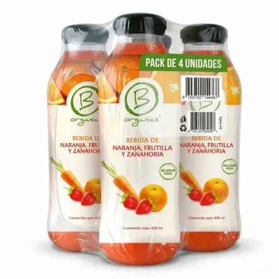 4-Pack Be Organics Bebida de Naranja, Frutilla y Zanahoria 4 UN X 400 Ml