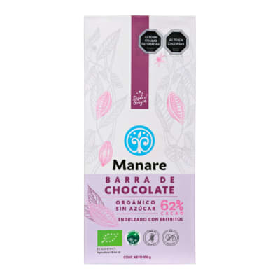 Manare Chocolate Organico Sin Azucar 62% Cacao 100 g