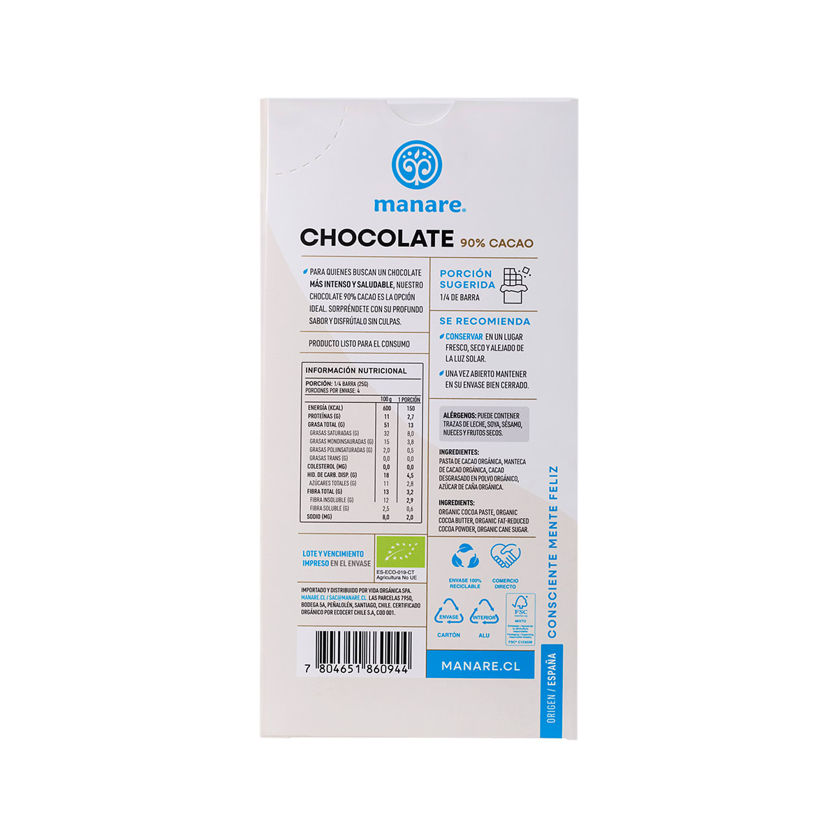 Manare Chocolate Organico 90% Cacao 100 g2