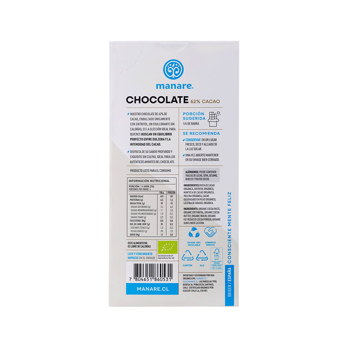 Manare Chocolate Organico Sin Azucar 62% Cacao 100 g2