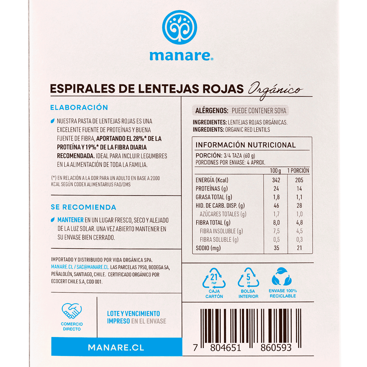 Espirales de Lentejas Rojas Organicas Manare 250 g2