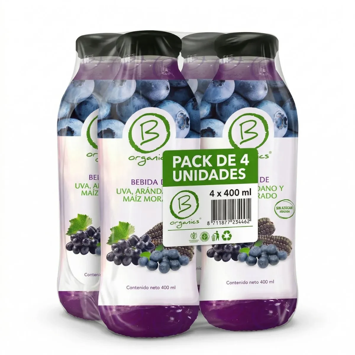 4-Pack Be Organics Bebida Uva, Arandano y Maiz Morado 4 UN X 400 Ml1