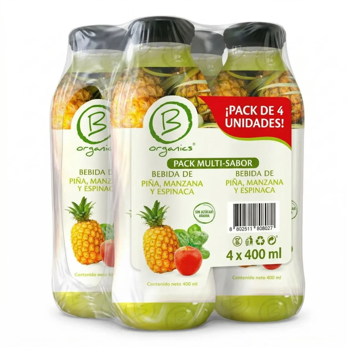 4-Pack Be Organics Bebida de Piña, Manzana y Espinaca 4 UN X 400 Ml1