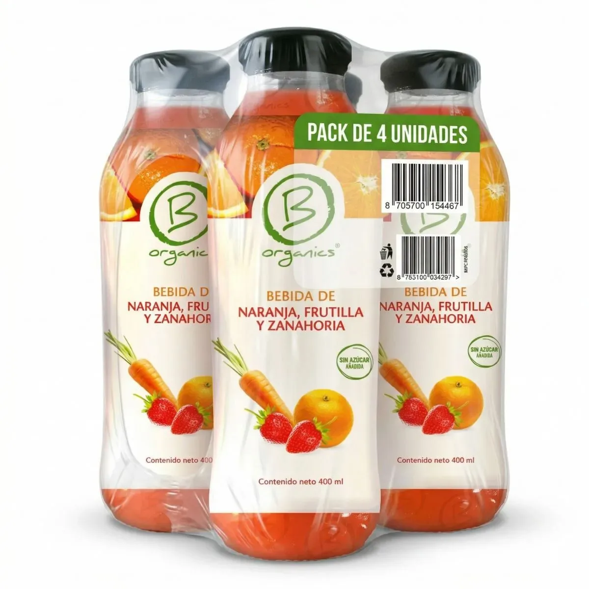 4-Pack Be Organics Bebida de Naranja, Frutilla y Zanahoria 4 UN X 400 Ml1