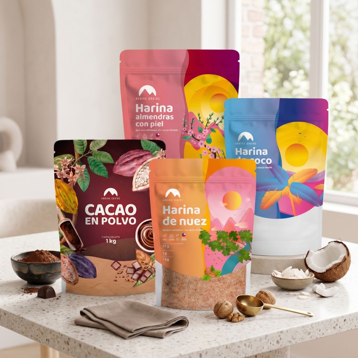 Harina de Almendras con piel + Harina de Coco + Harina de Nuez + Cacao en polvo 4 x 1 Kg2