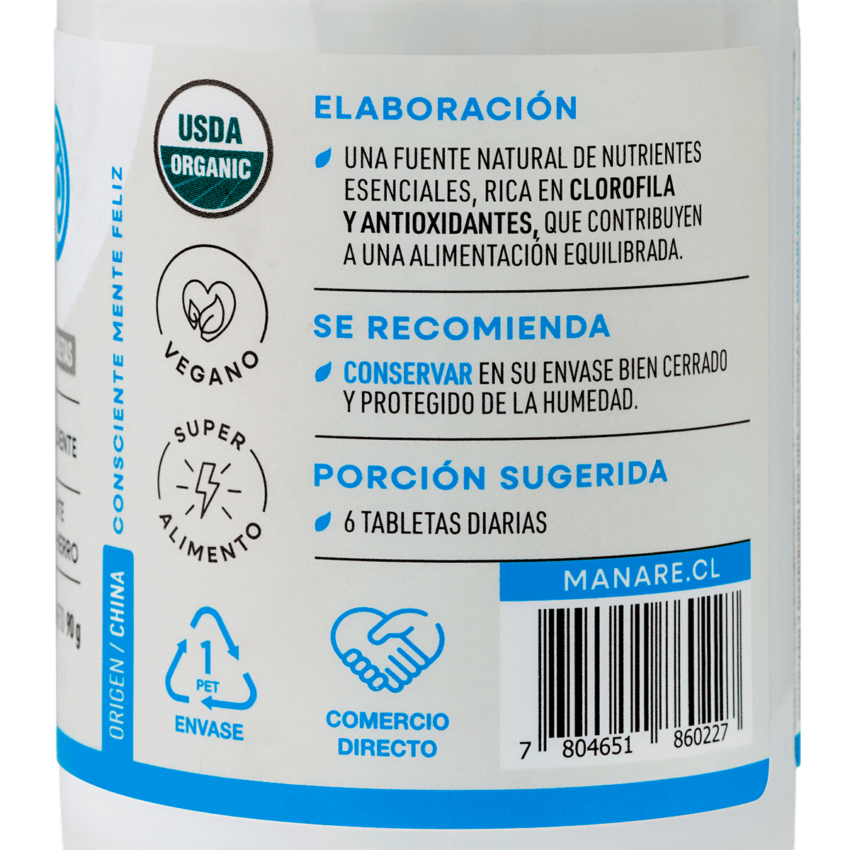 Manare Chlorella Organica 180 Tabs2