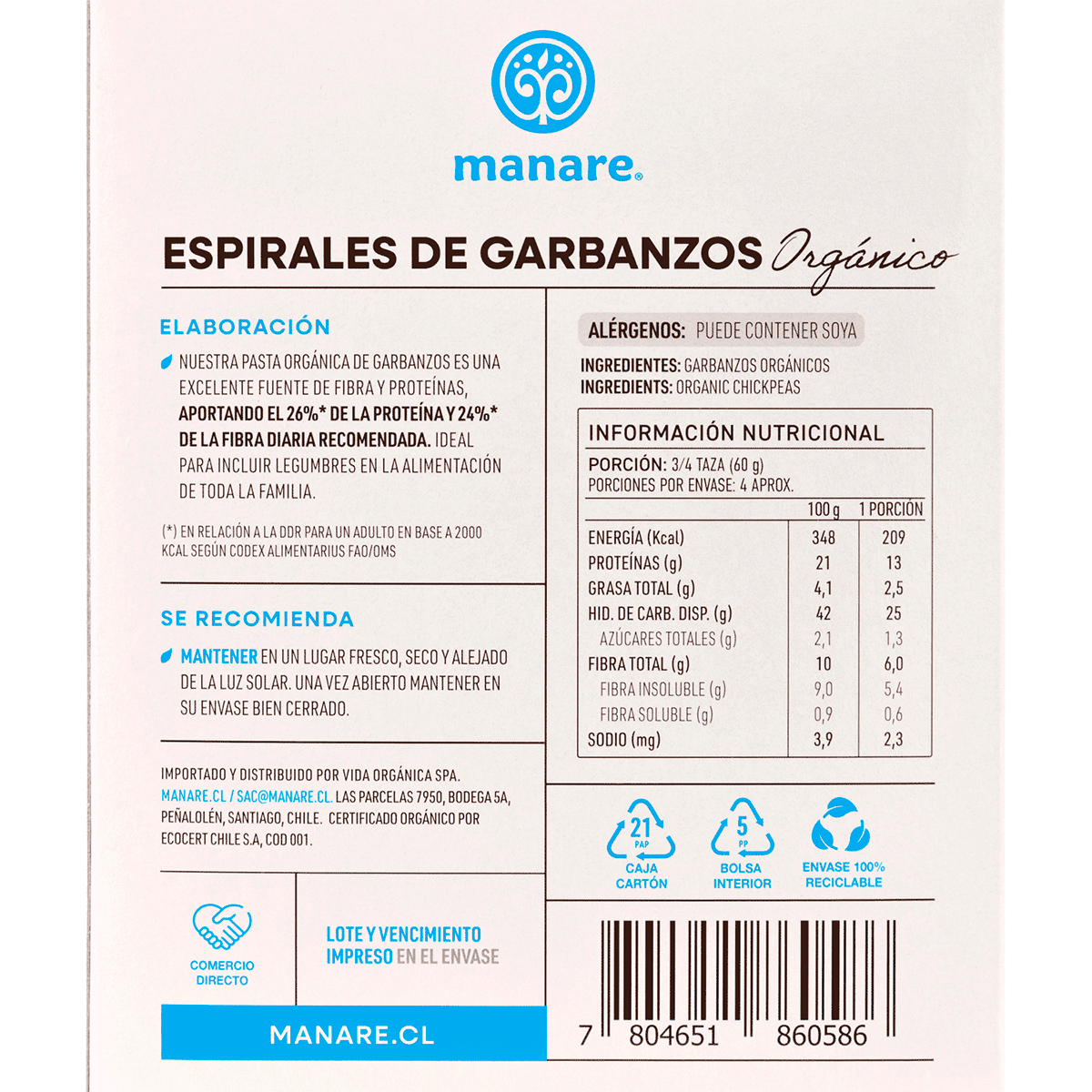 Espirales de Garbanzos Organicos Manare 250 g2