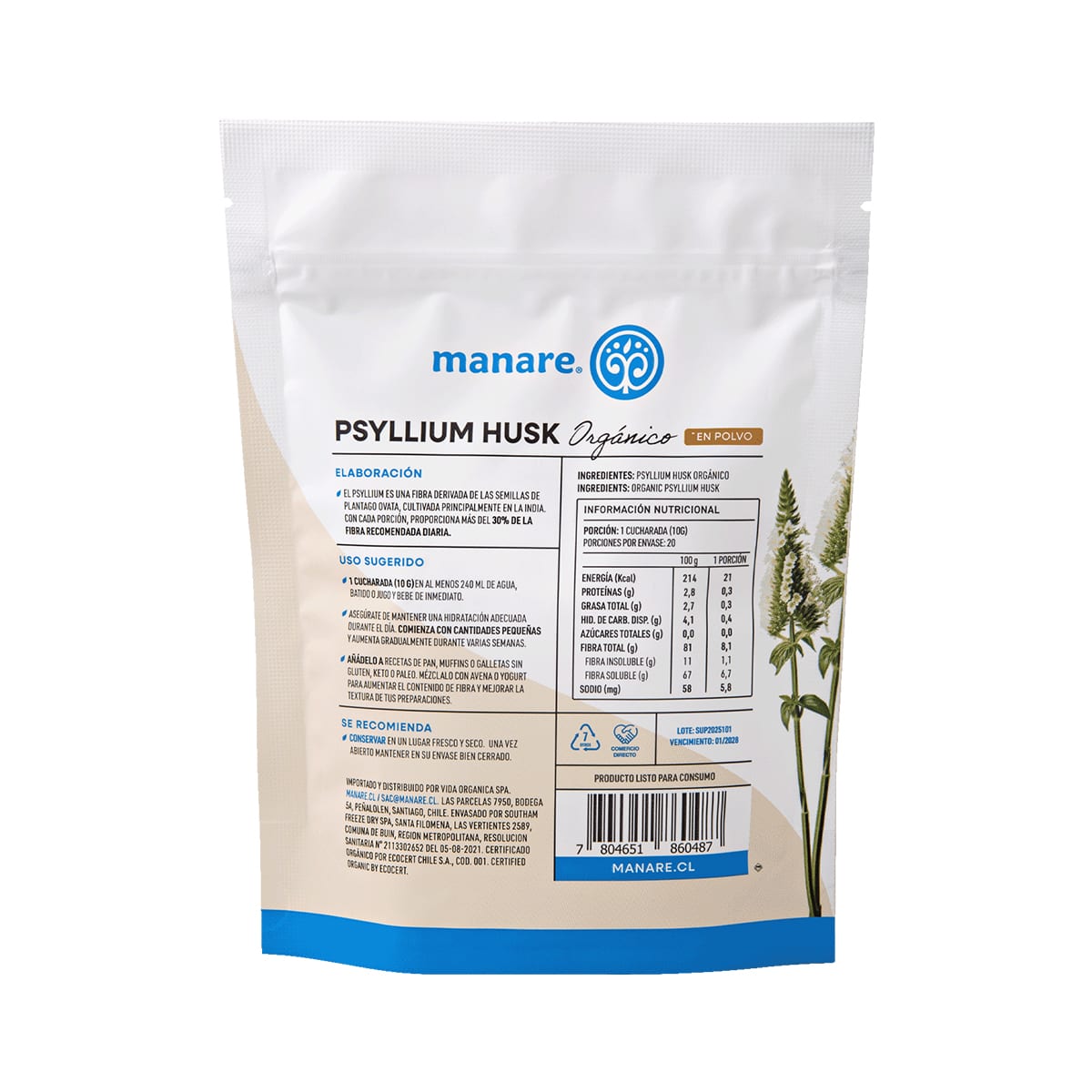 Manare Psyllium Husk Organico en Polvo 200 g2