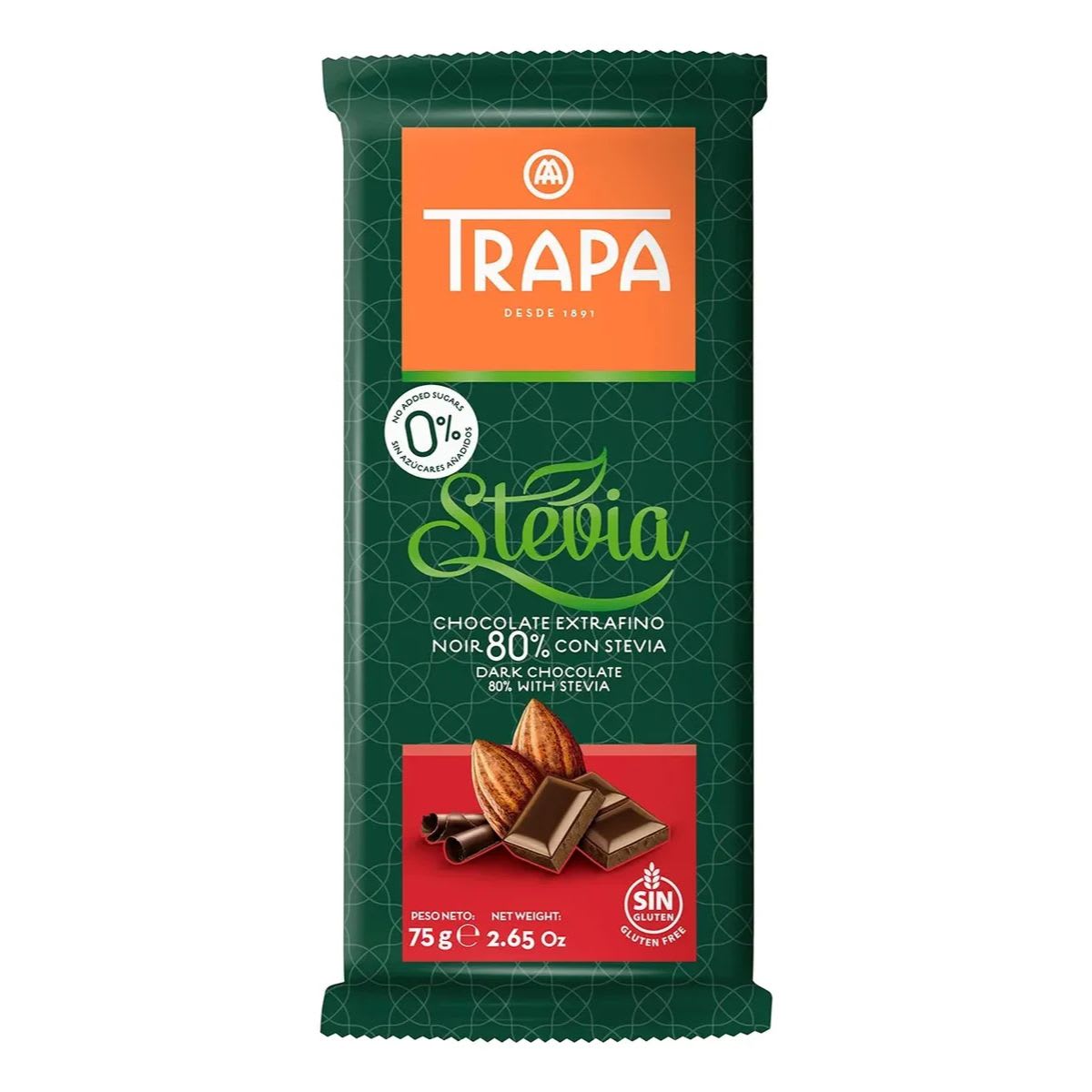 Trapa Chocolate Negro 80% Cacao con Stevia Sin Azucar Sin Gluten1