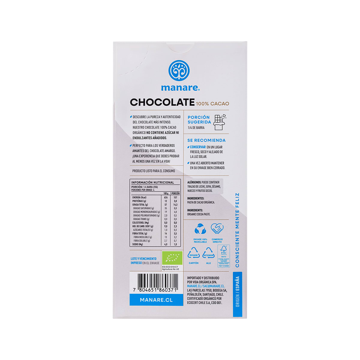 Manare Chocolate Organico 100% Cacao 100 g2