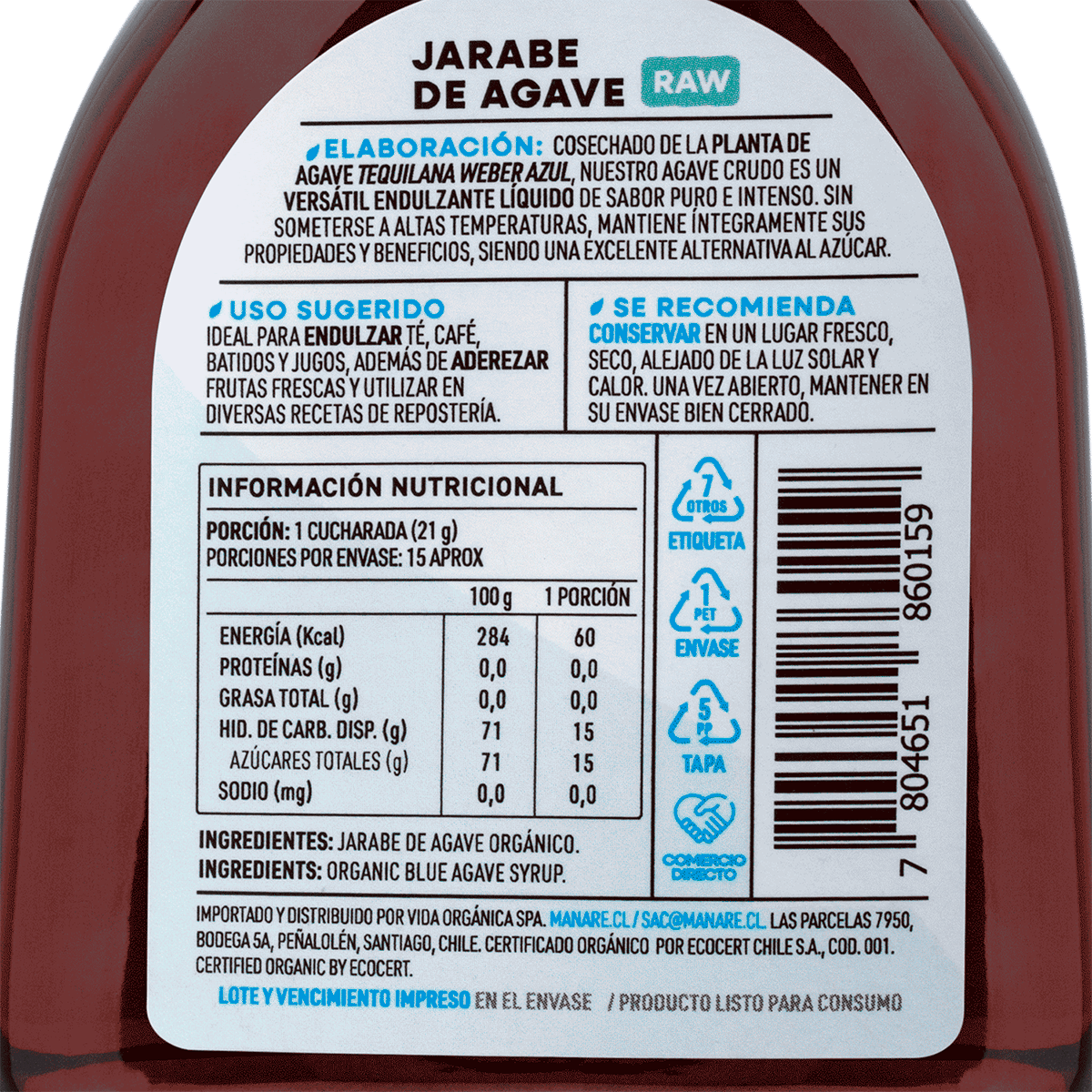 Jarabe de Agave Raw Organico Manare2