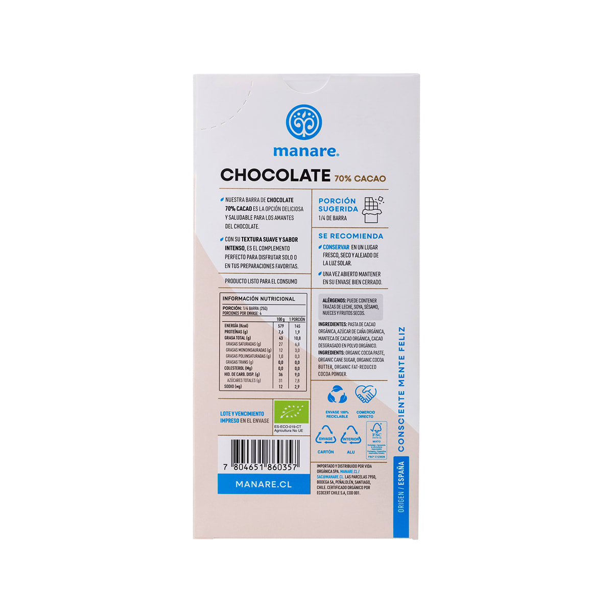 Manare Chocolate Organico 70% Cacao 100 g2