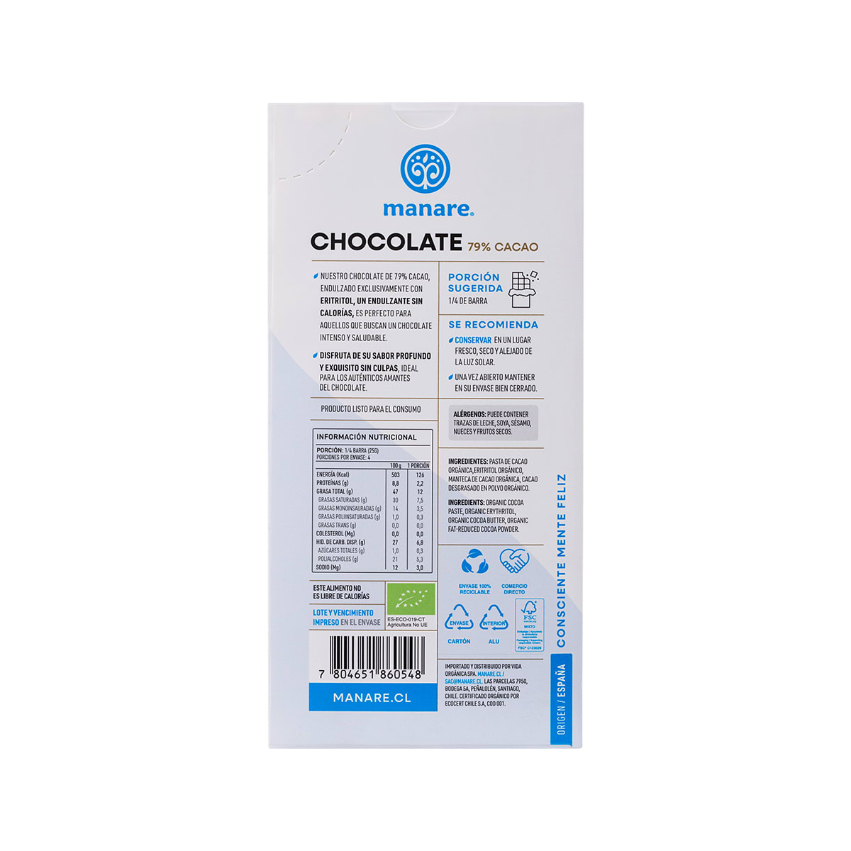 Manare Chocolate Organico Sin Azucar 79% Cacao2