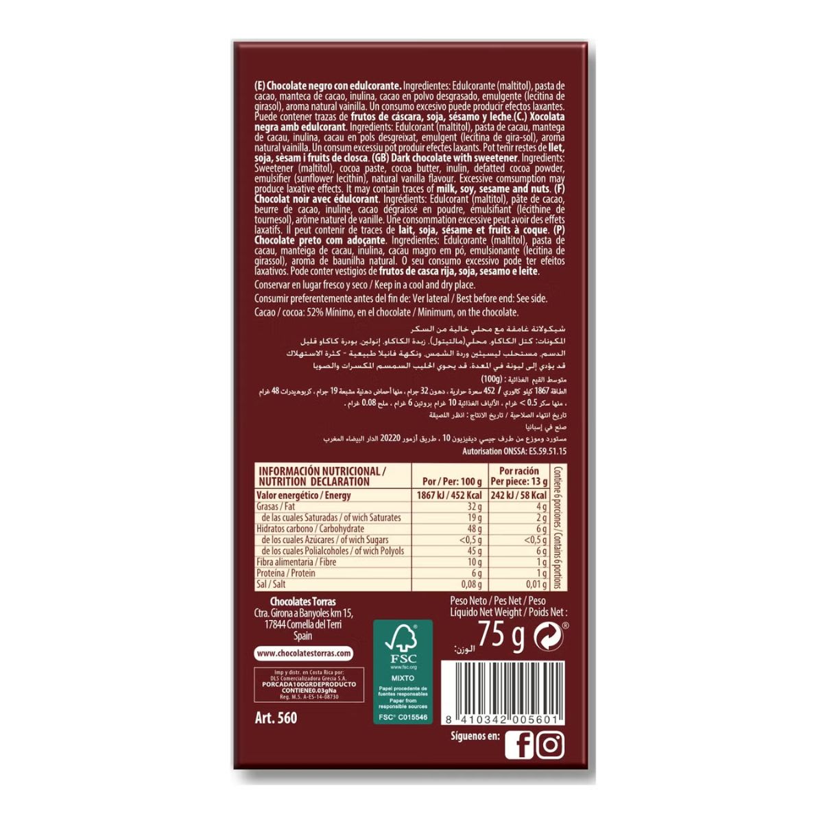 Torras Chocolate Negro 52% Cacao Sin Azucar2