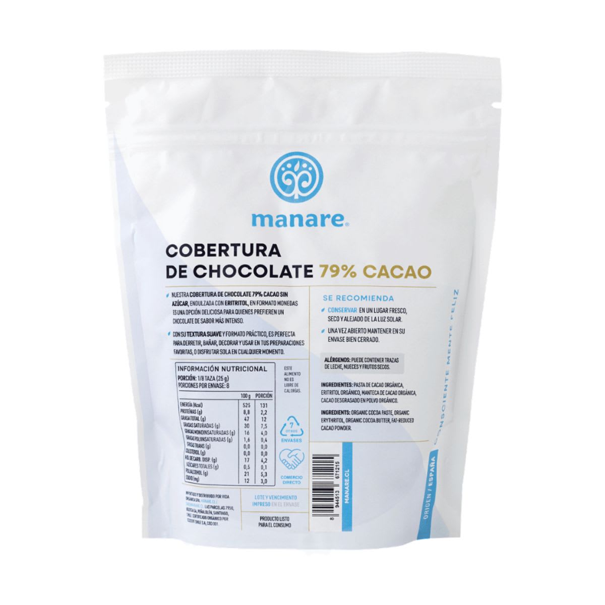 Manare Cobertura de Chocolate Organico 79% Cacao Sin Azucar 200g2