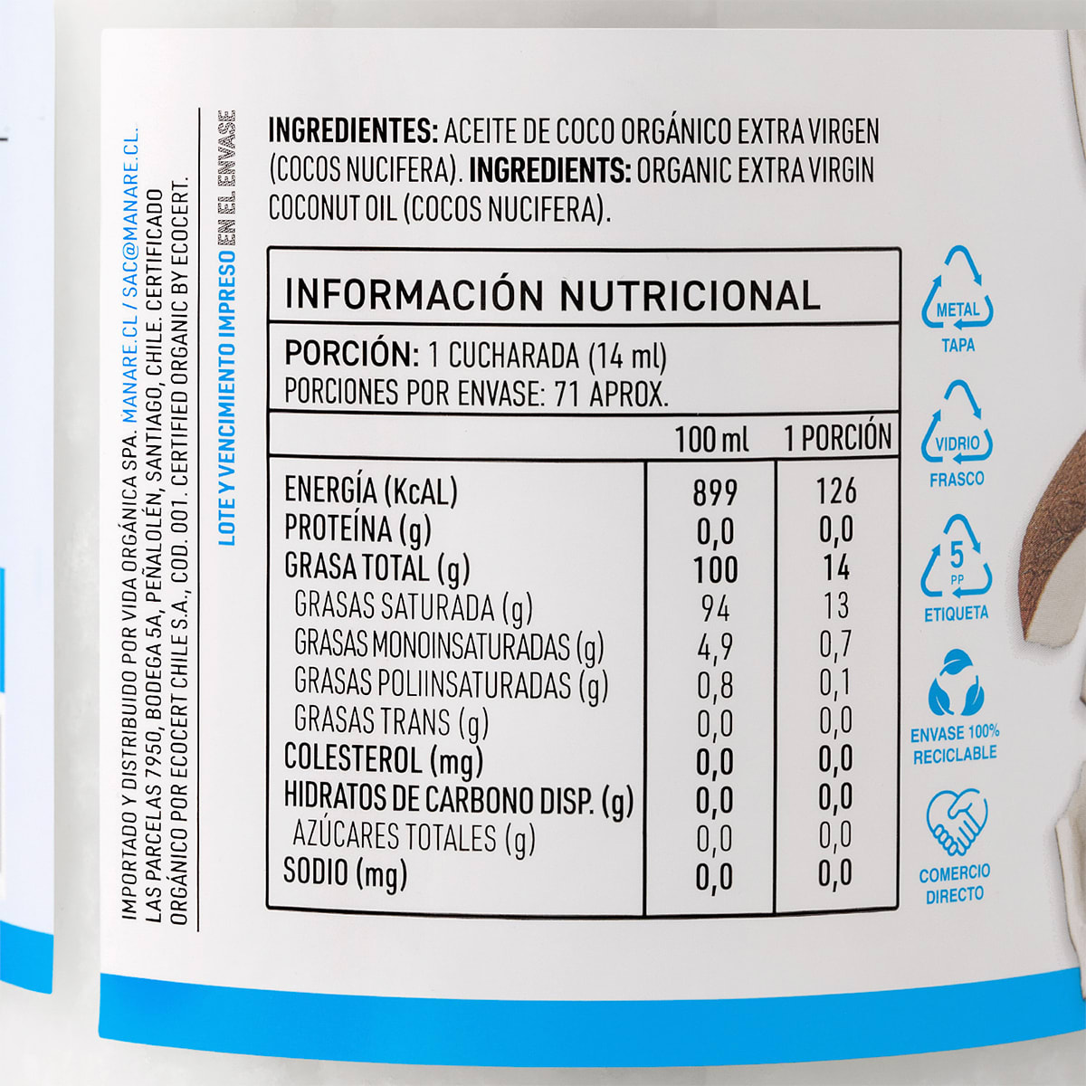 Manare Aceite de Coco Organico Extra Virgen 1 L3