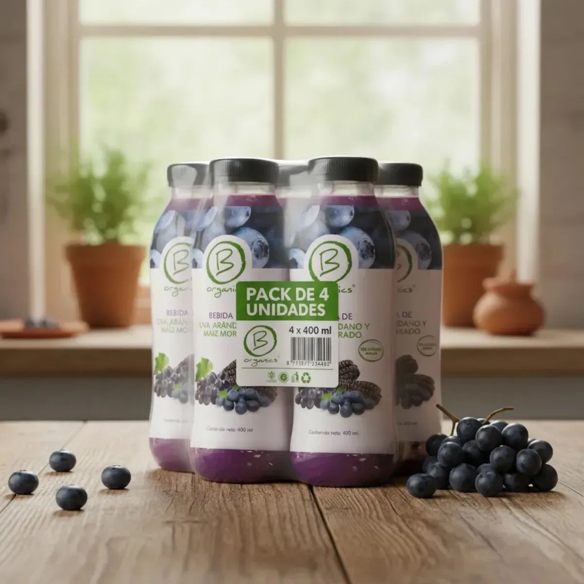 4-Pack Be Organics Bebida Uva, Arandano y Maiz Morado 4 UN X 400 Ml2