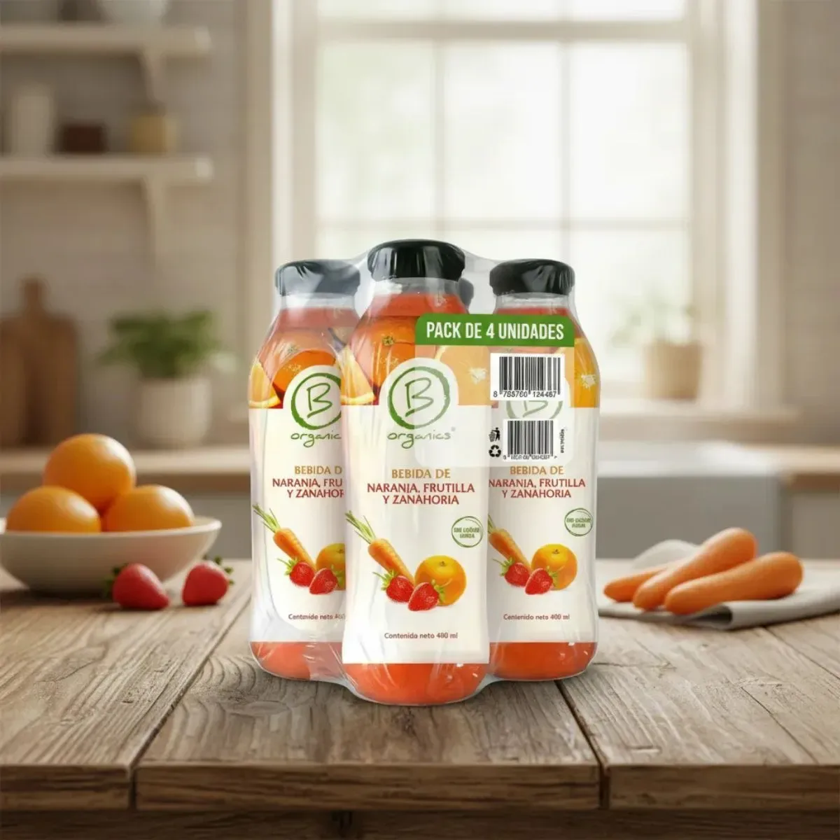 4-Pack Be Organics Bebida de Naranja, Frutilla y Zanahoria 4 UN X 400 Ml2