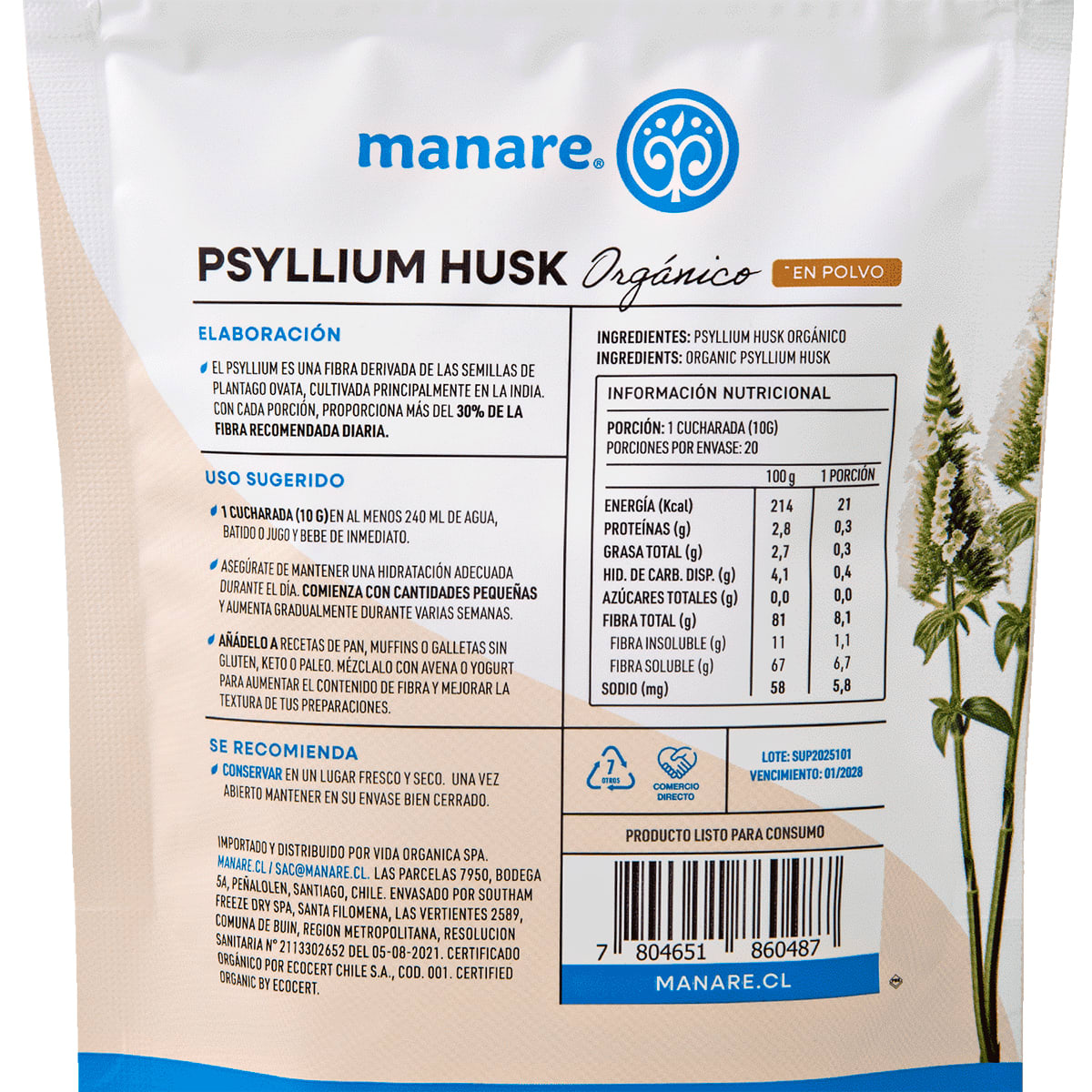 Manare Psyllium Husk Organico en Polvo 200 g3