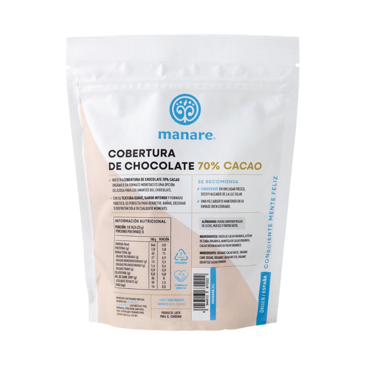 Manare Cobertura de Chocolate Organico 70% Cacao 200g2