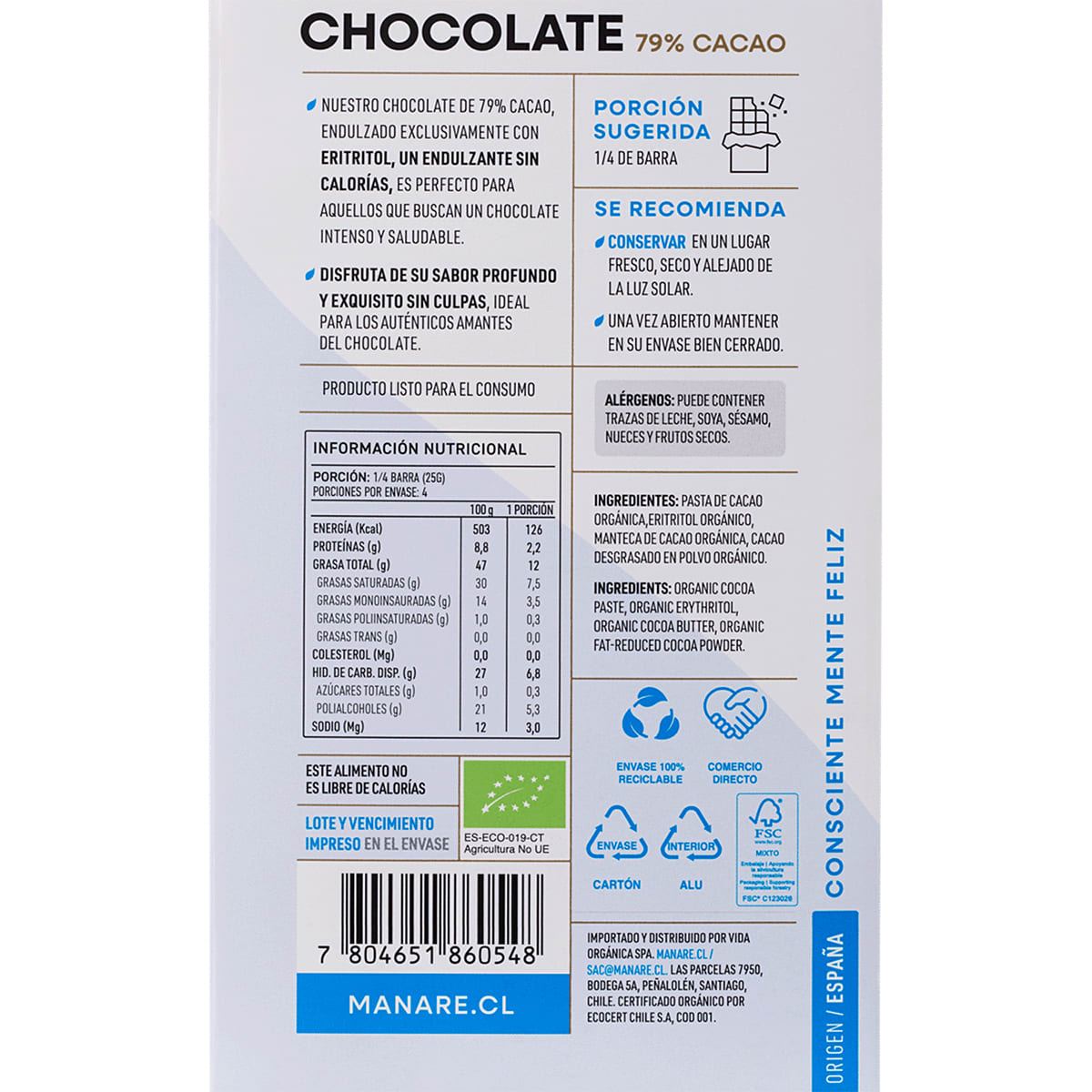 Manare Chocolate Organico Sin Azucar 79% Cacao3