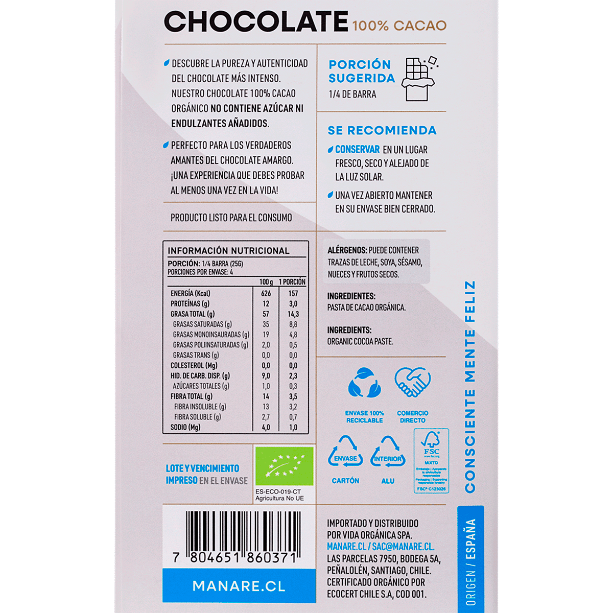 Manare Chocolate Organico 100% Cacao 100 g3